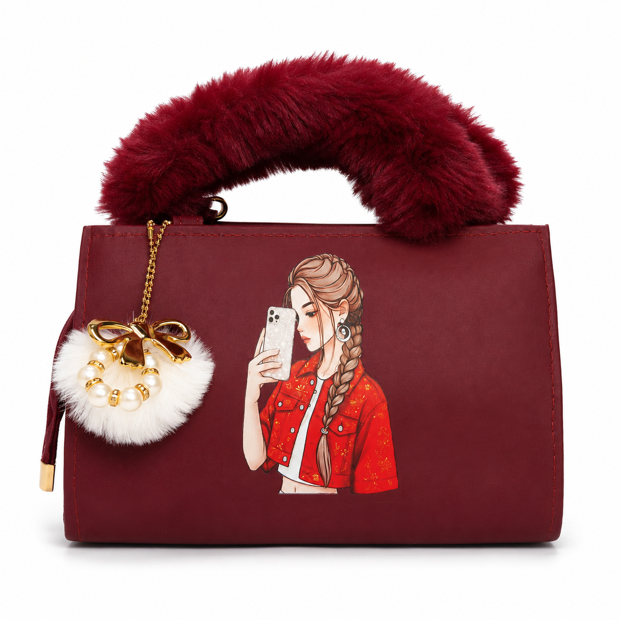 Luxury Faux Fur Handle Women's Handbag with Adjustable Shoulder Strap