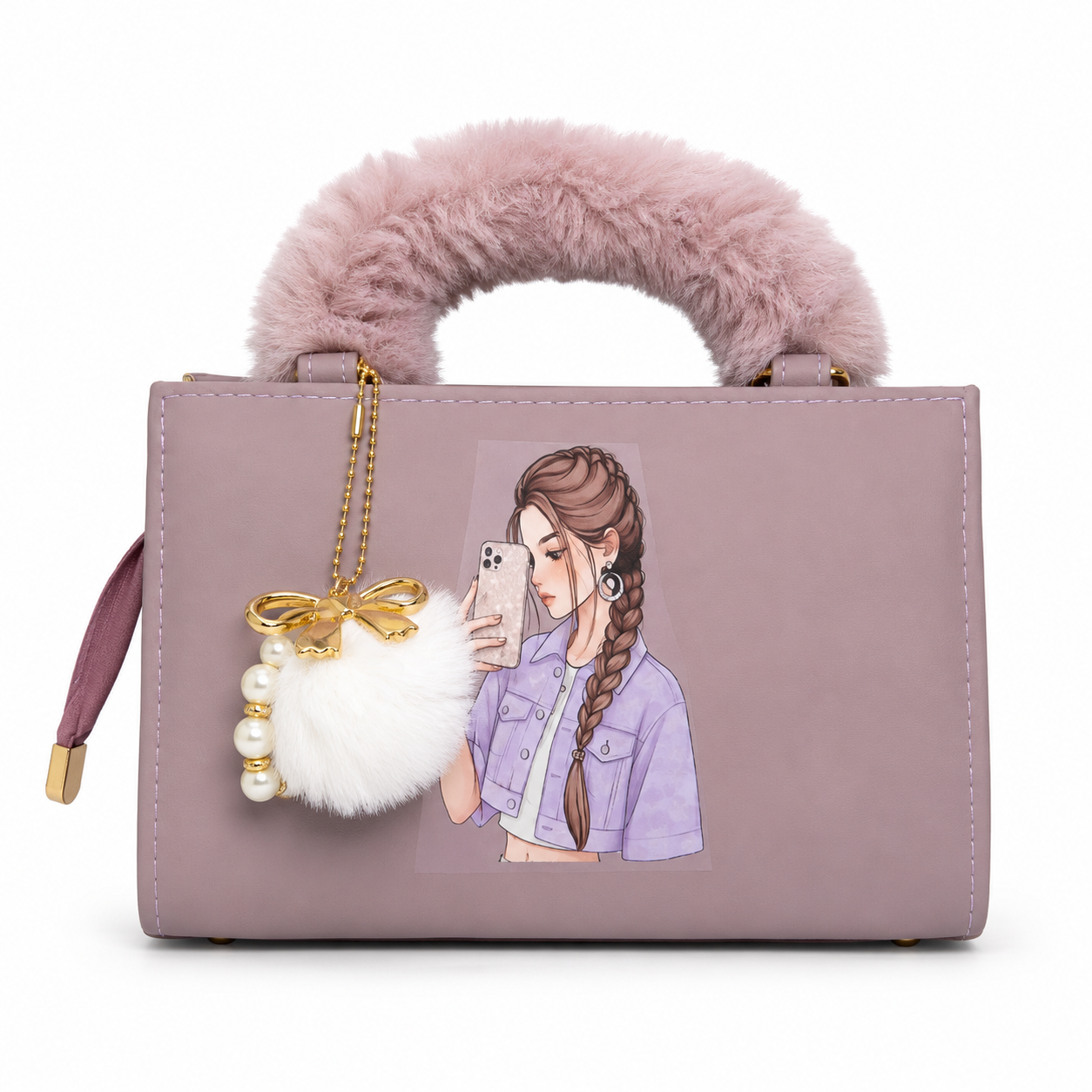 Luxury Faux Fur Handle Women's Handbag with Adjustable Shoulder Strap
