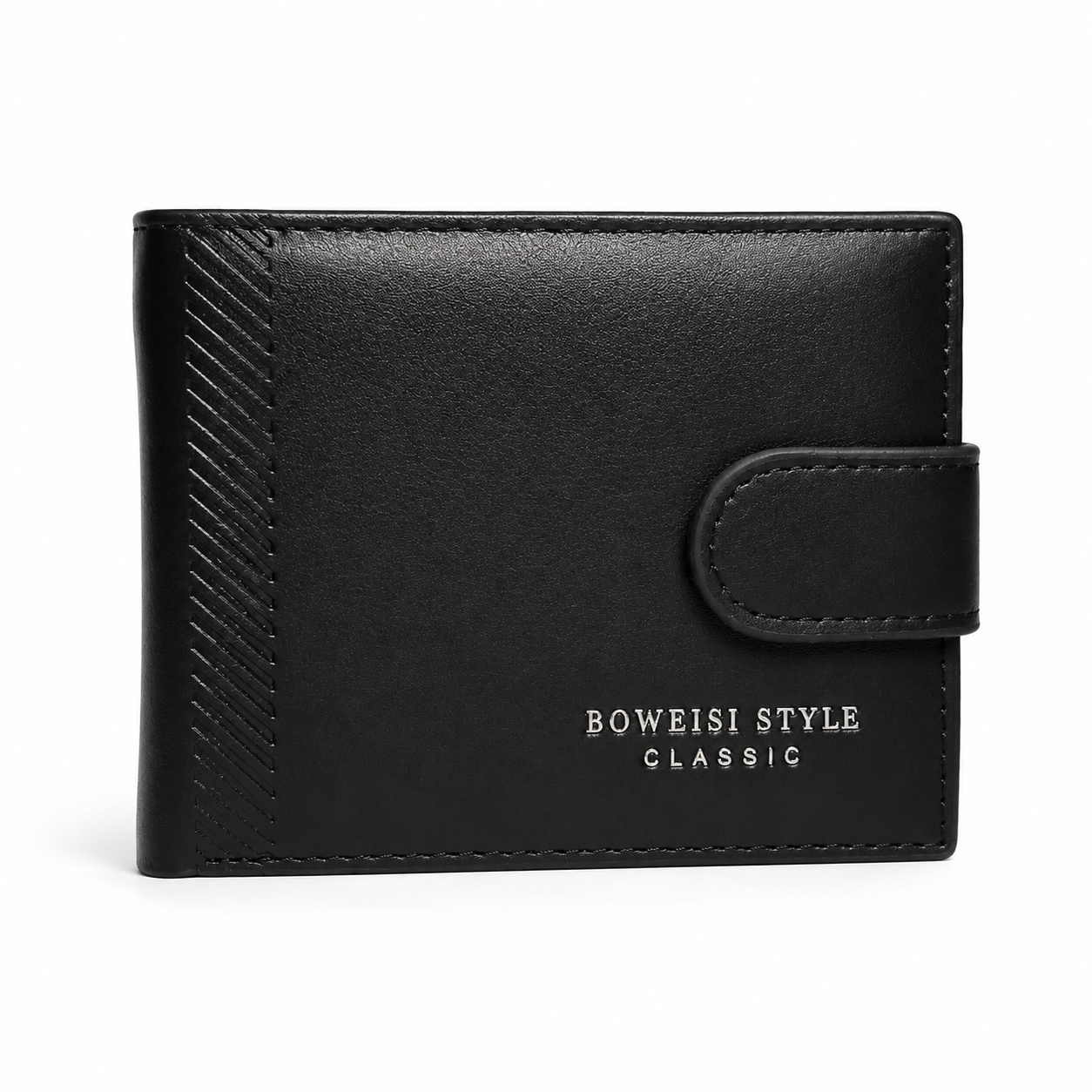 Premium men's bifold wallet with secure snap closure, multiple card slots, cash compartment, and durable synthetic leather construction.