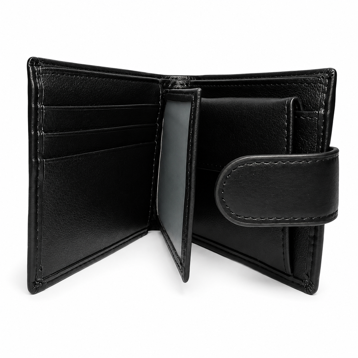 Premium men's bifold wallet with secure snap closure, multiple card slots, cash compartment, and durable synthetic leather construction.