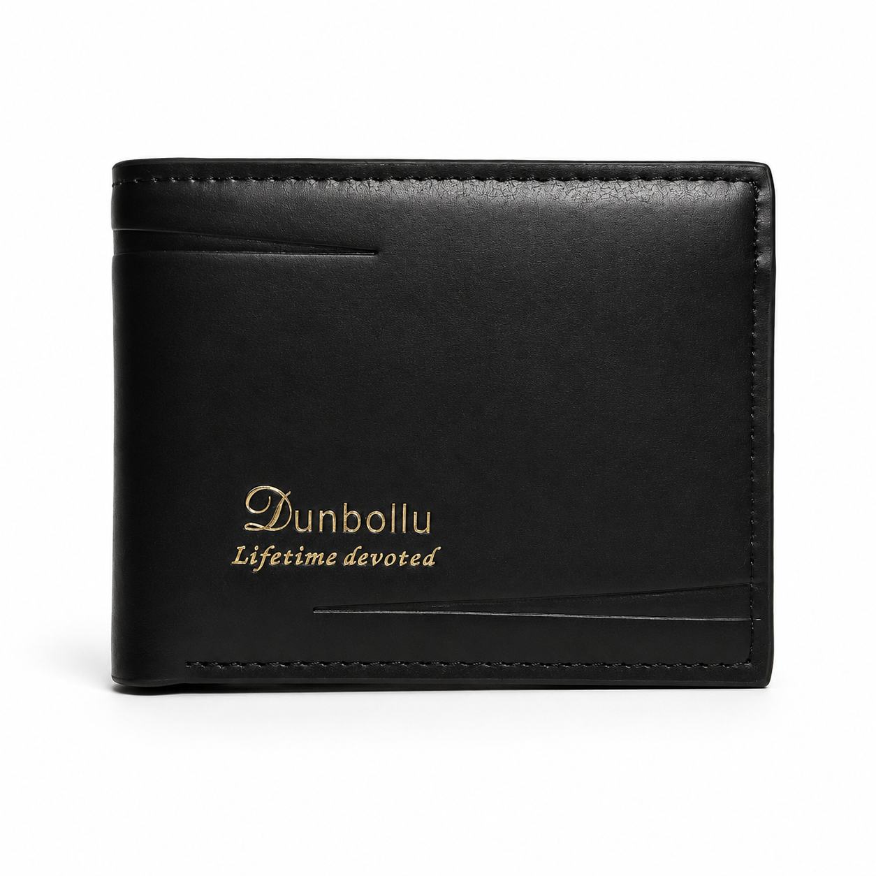 Premium men's bifold wallet with slim profile, multiple card slots, cash compartment, and durable synthetic leather construction.
