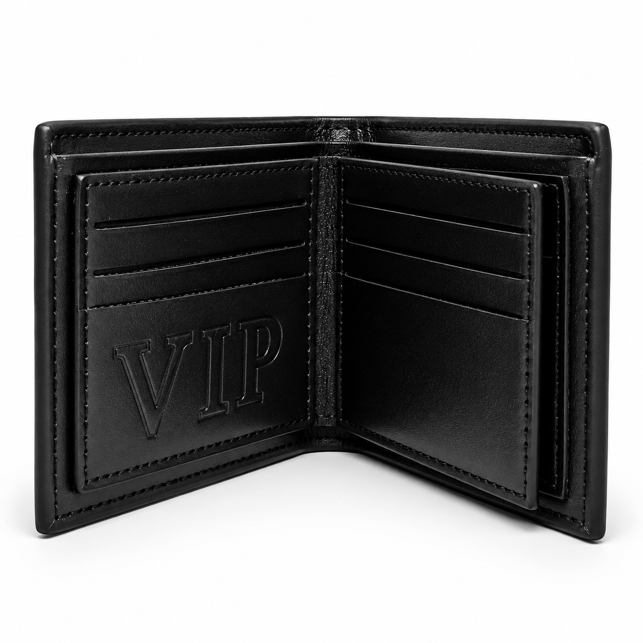 Premium men's bifold wallet with slim profile, multiple card slots, cash compartment, and durable synthetic leather construction.