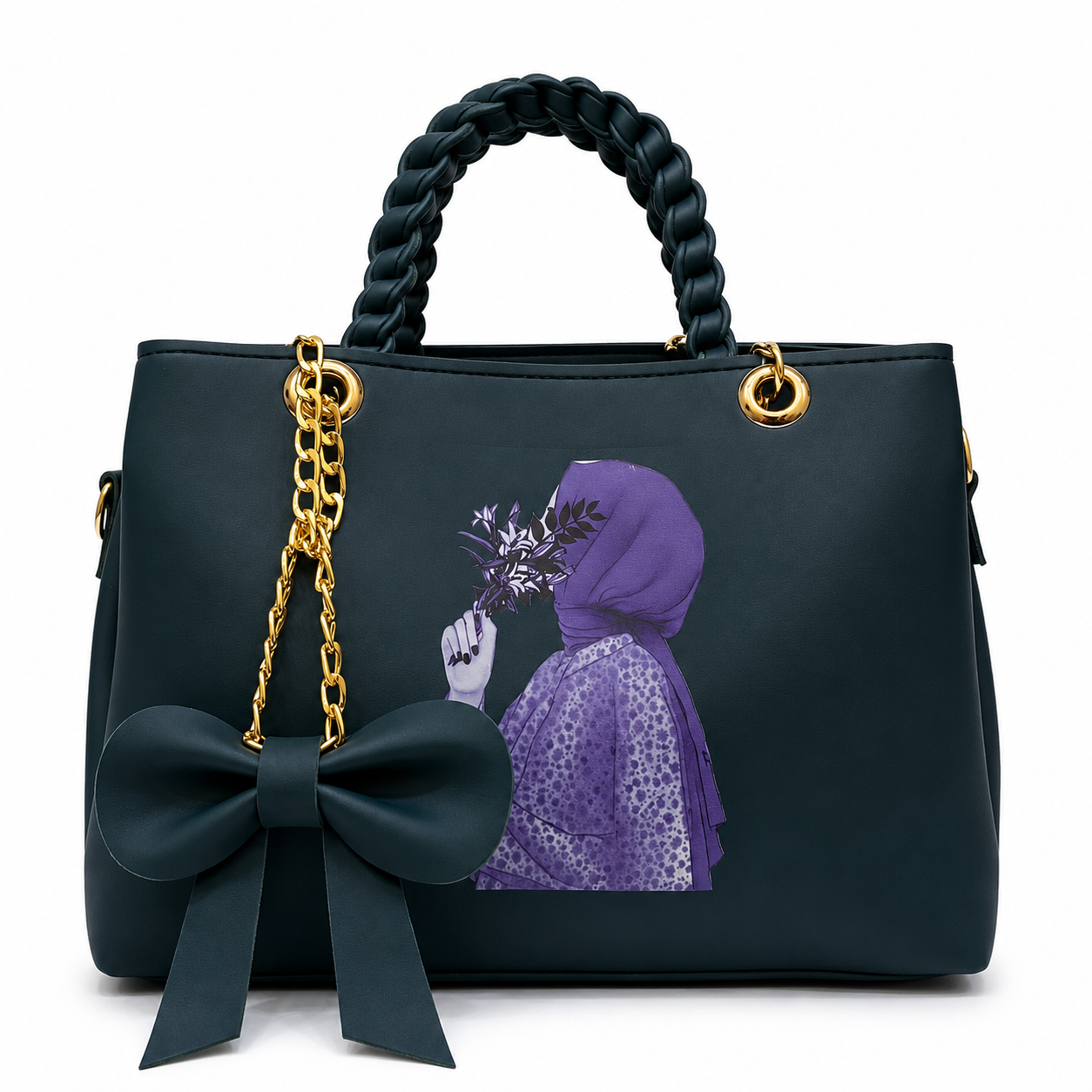 Luxury 3 Piece Women's Shoulder Tote Bag Set with Braided Handle and Bow Charm